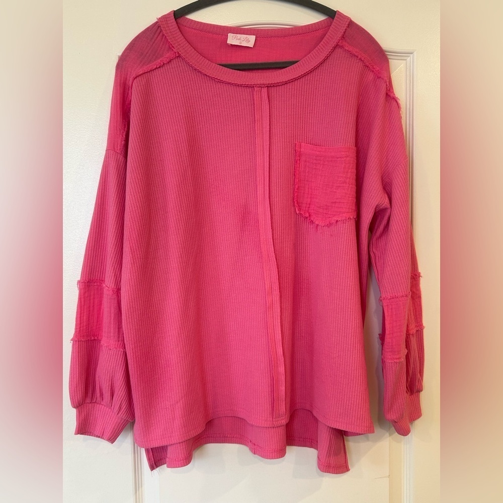 NWOT Pink Lily Pink Waffle Top With Gauze Trim